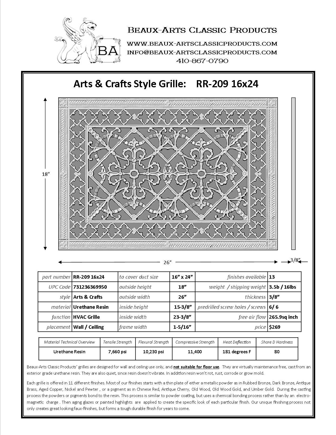 Cabinet Door Grille Spec Sheet Craftsman Style Arts and Crafts 16" x 24"
