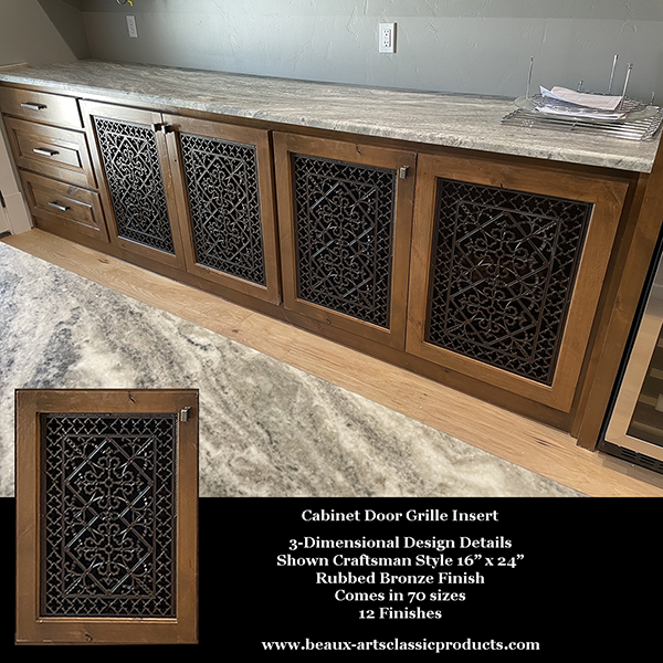 Cabinet Door Grilles inset in the back of standard cabinet doors.  Craftsman Style decorative grilles 16" x 24"