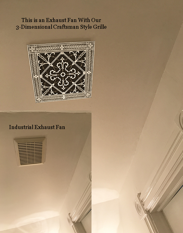 Frequently asked questions why we cast our products in resin. Before and after picture of bathroom exhaust fan and resin exhaust fan cover.