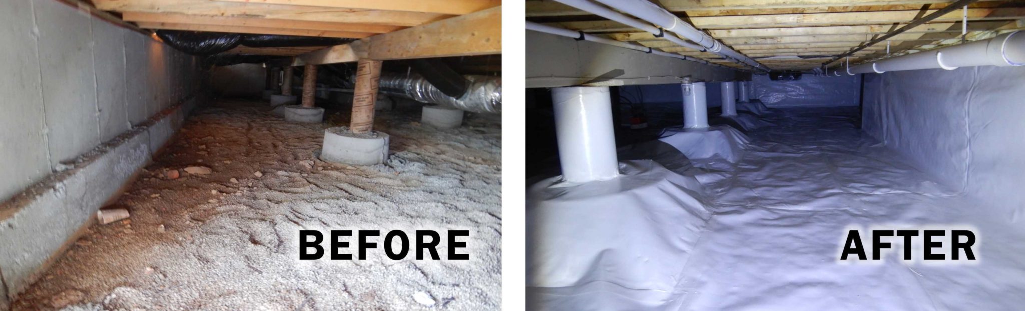 Crawl Space Encapsulation Before and After.