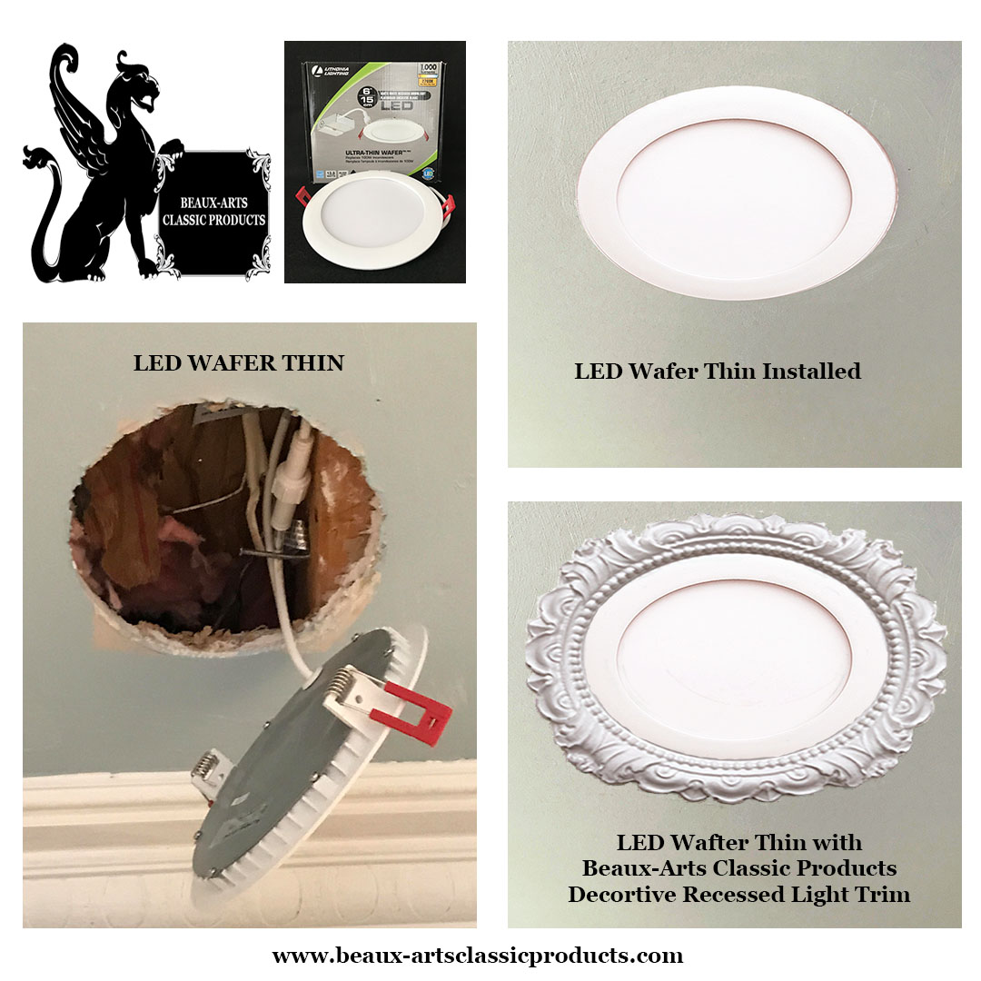 Recessed light LED Wafer Thin before and after installation with our decorative recessed light trim.