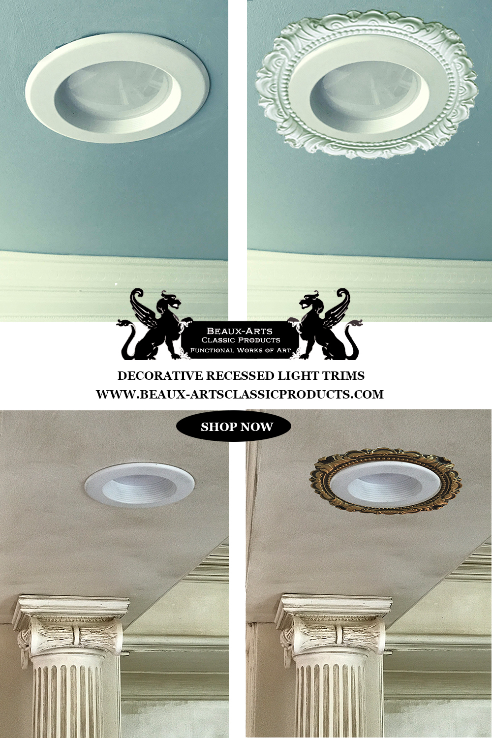 Before and after pictures of our decorative recessed light trims.