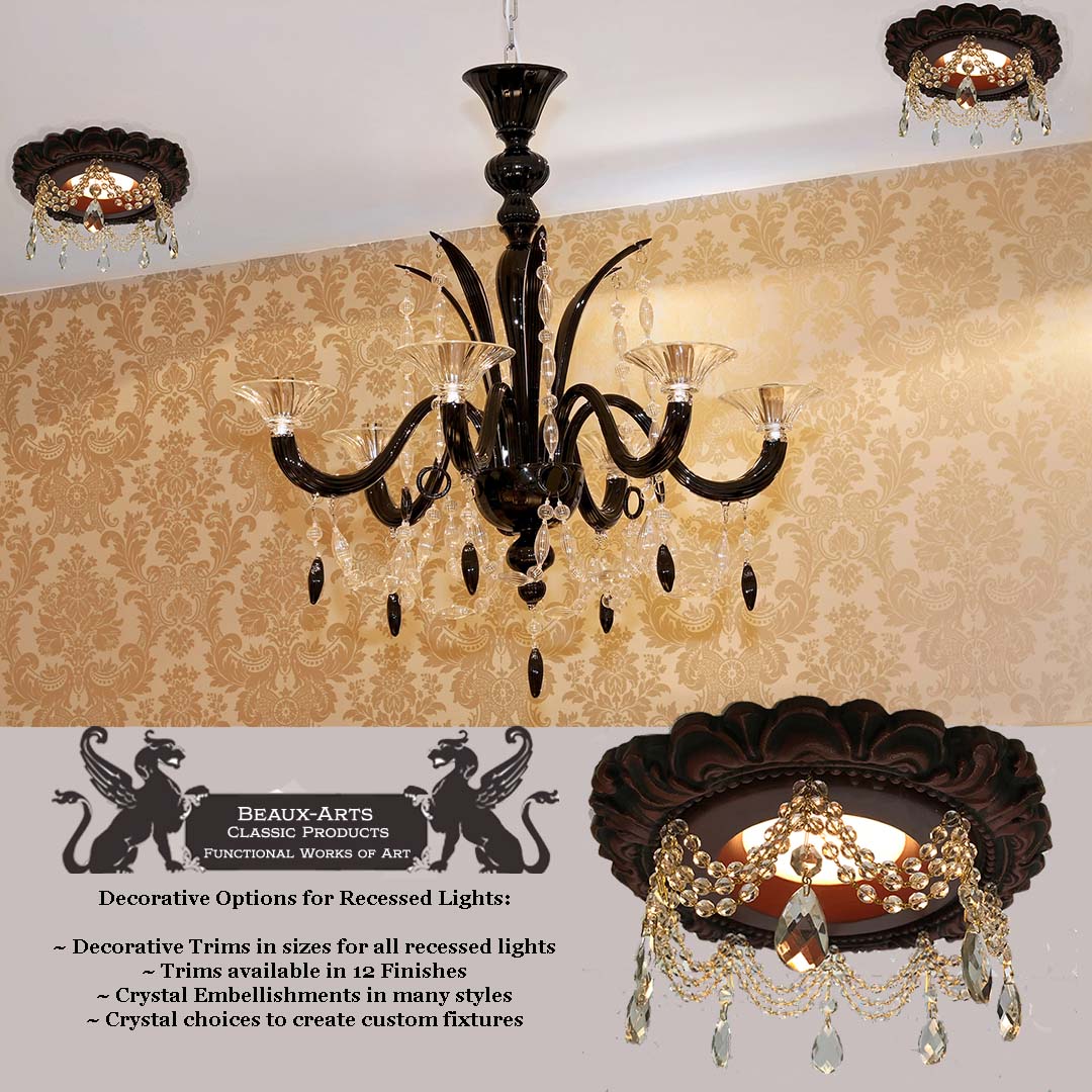 Recessed chandelier shown with a triple swag of crystals and crystals.