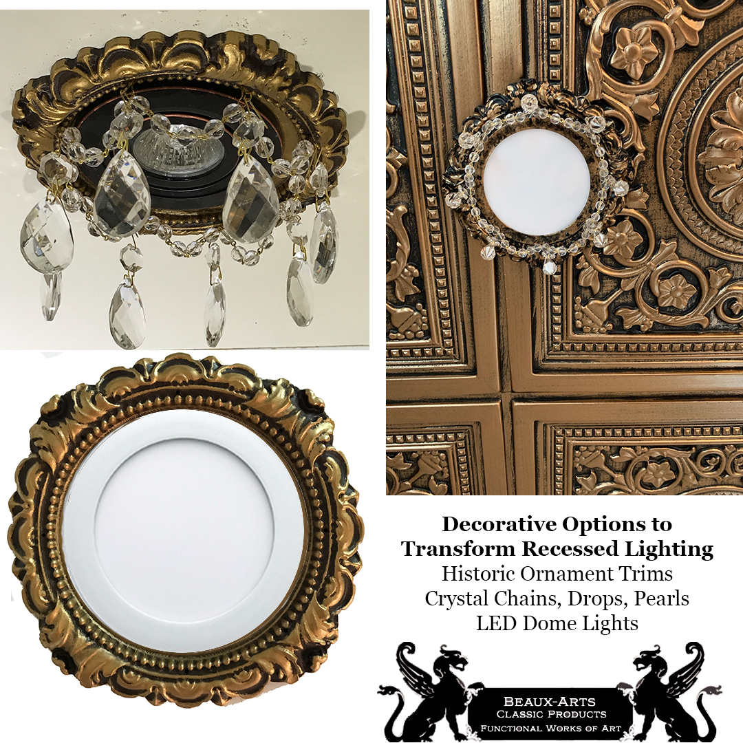 Decorative options for recessed lighting a classic trim and a trim embellished with crystals.