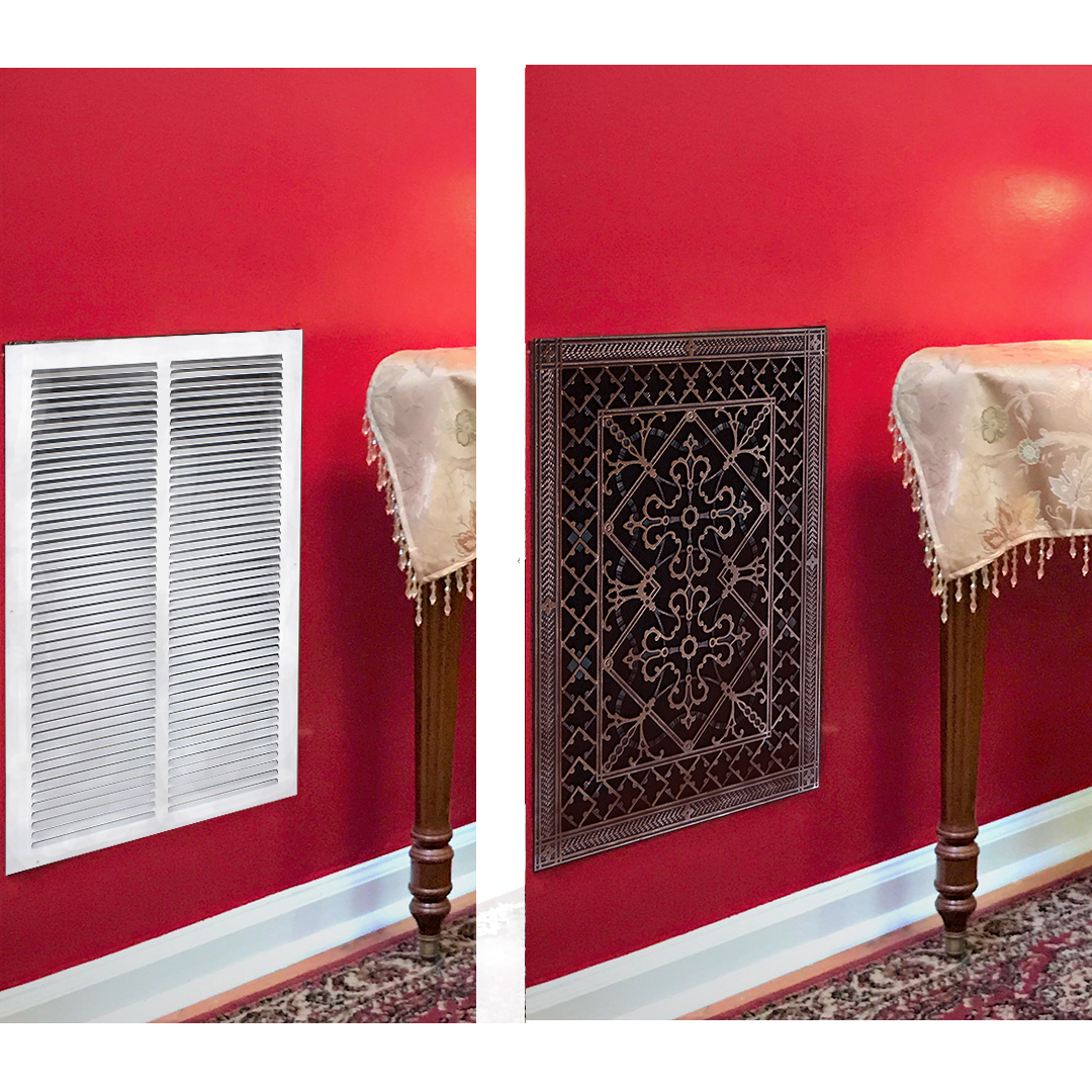 Before and after picture of Craftsman style Arts and Crafts decorative grille.