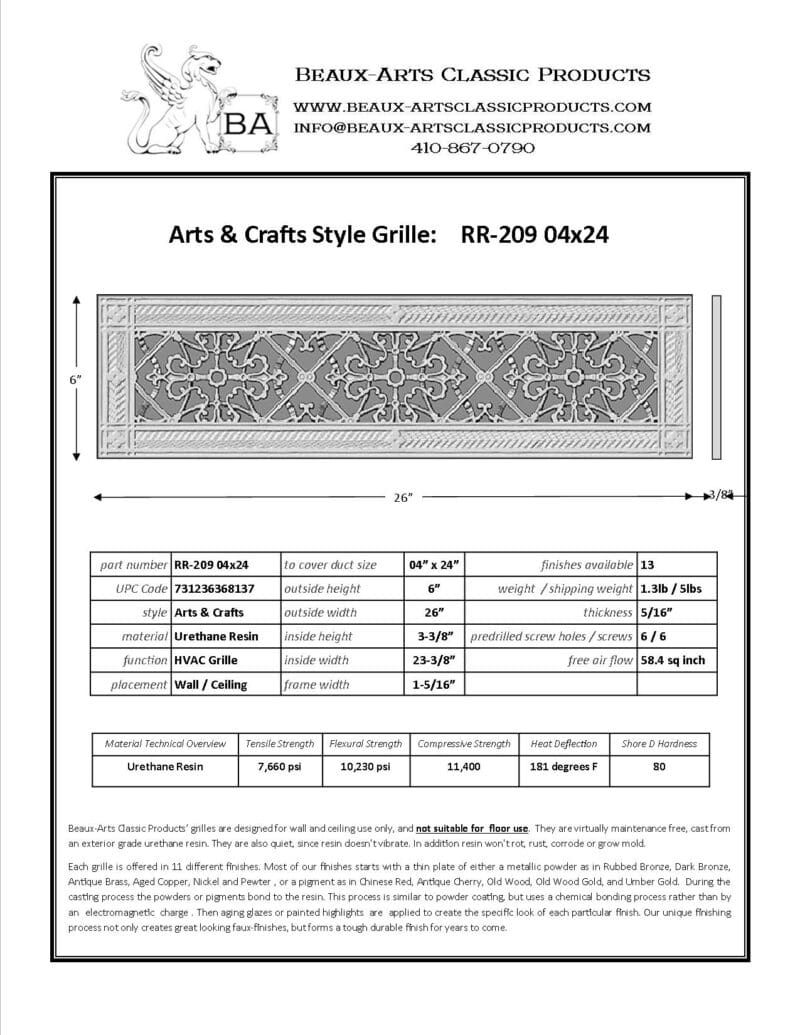 Craftsman style Arts and Crafts decorative grille 4" x 24" Product Spec Sheet.