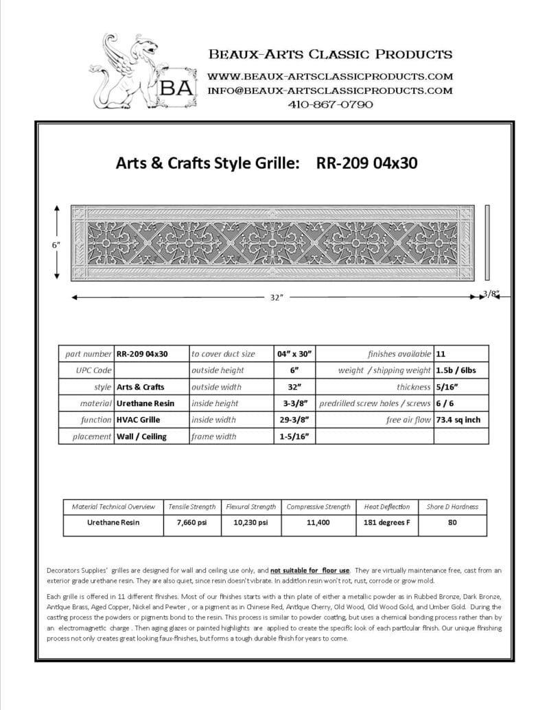 Craftsman style Arts and Crafts decorative Grille 4" x 30" Product Spec Sheet.