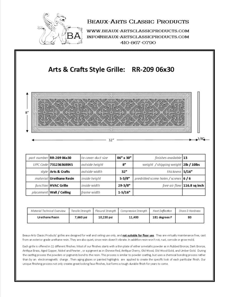 Craftsman style Arts and Crafts decorative grille 6" x 30" Product Spec Sheet.
