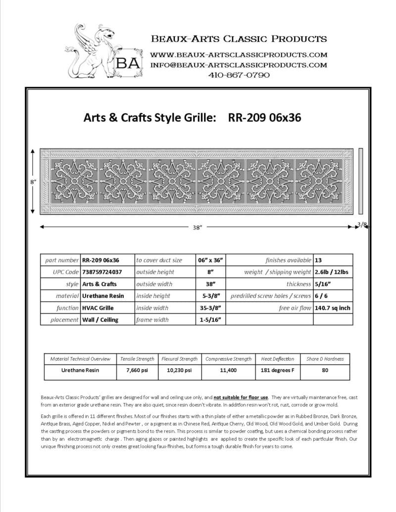 Craftsman style Arts and Crafts decorative grille 6" x 36" Product Spec Sheet.