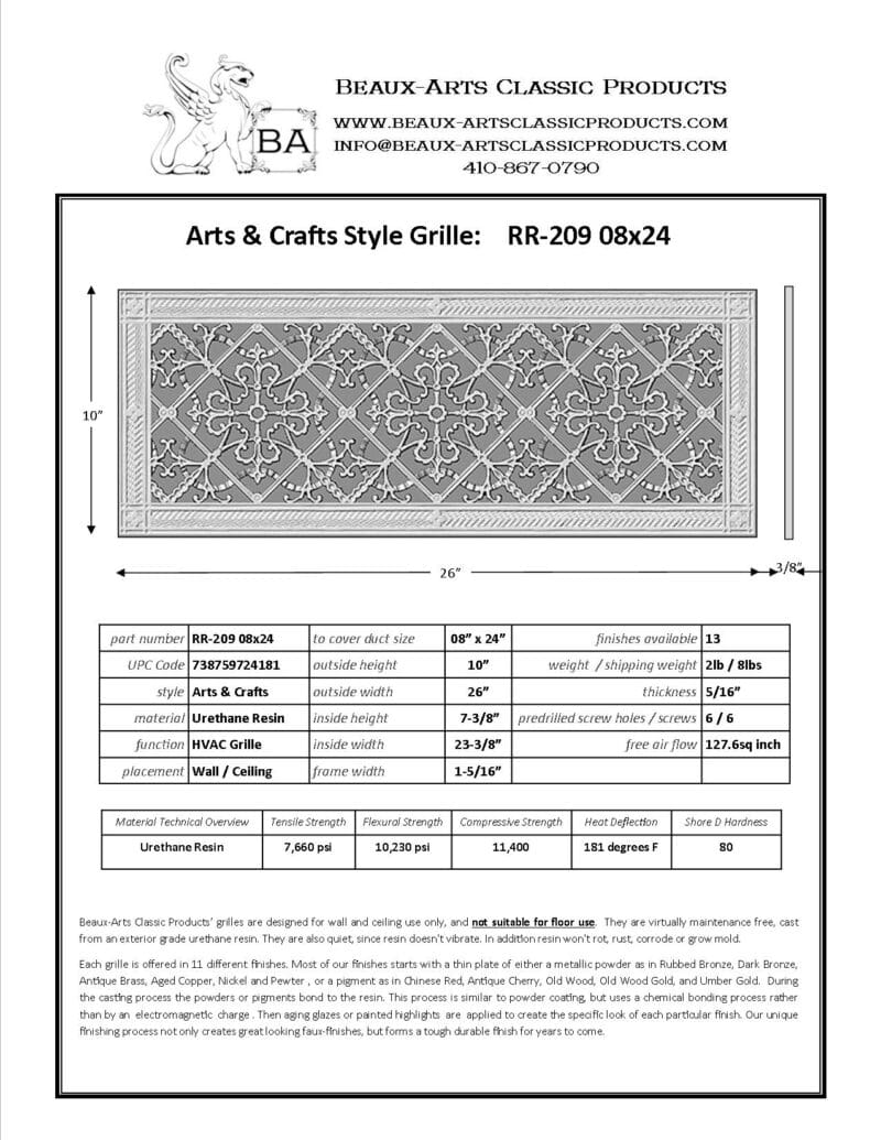 Craftsman style Arts and Crafts decorative grille 8" x 24" Product Spec Sheet.
