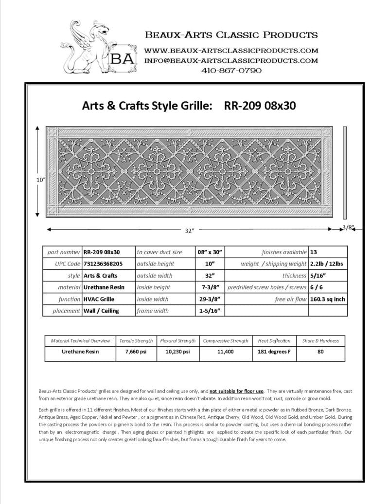 Craftsman style Arts and Crafts decorative grille 8" x 30" Product Spec Sheet.