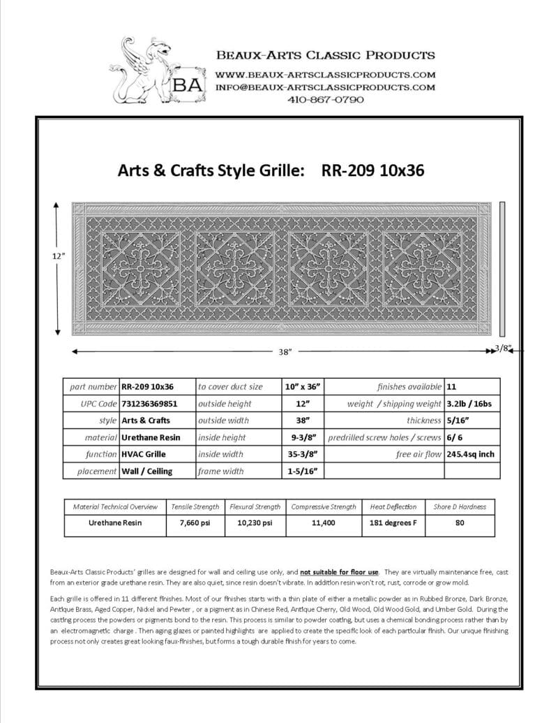Craftsman style Arts and Crafts decorative grille 10" x 36" Product Spec Sheet.