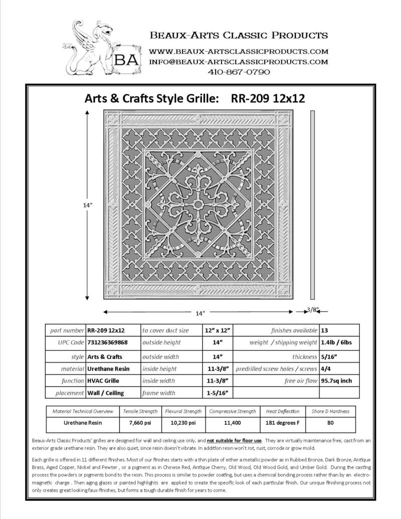 Craftsman style Arts and Crafts decorative grille 12" x 12" Product Spec Sheet.