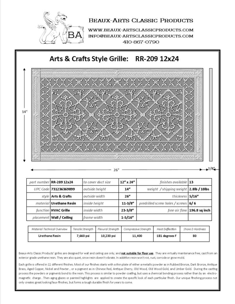 Craftsman style Arts and Crafts decorative grille 12" x 24" Product Spec Sheet.