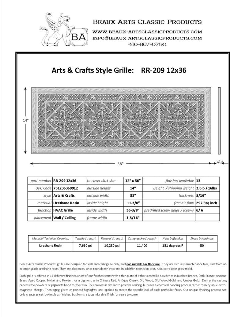 Craftsman style Arts and Crafts decorative grille 12" x 36" Product Spec Sheet.