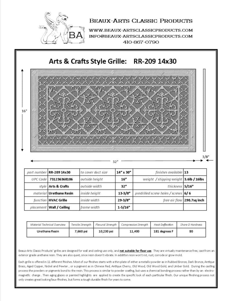 Craftsman style arts and crafts decorative grille 14" x 30" Product Spec Sheet.