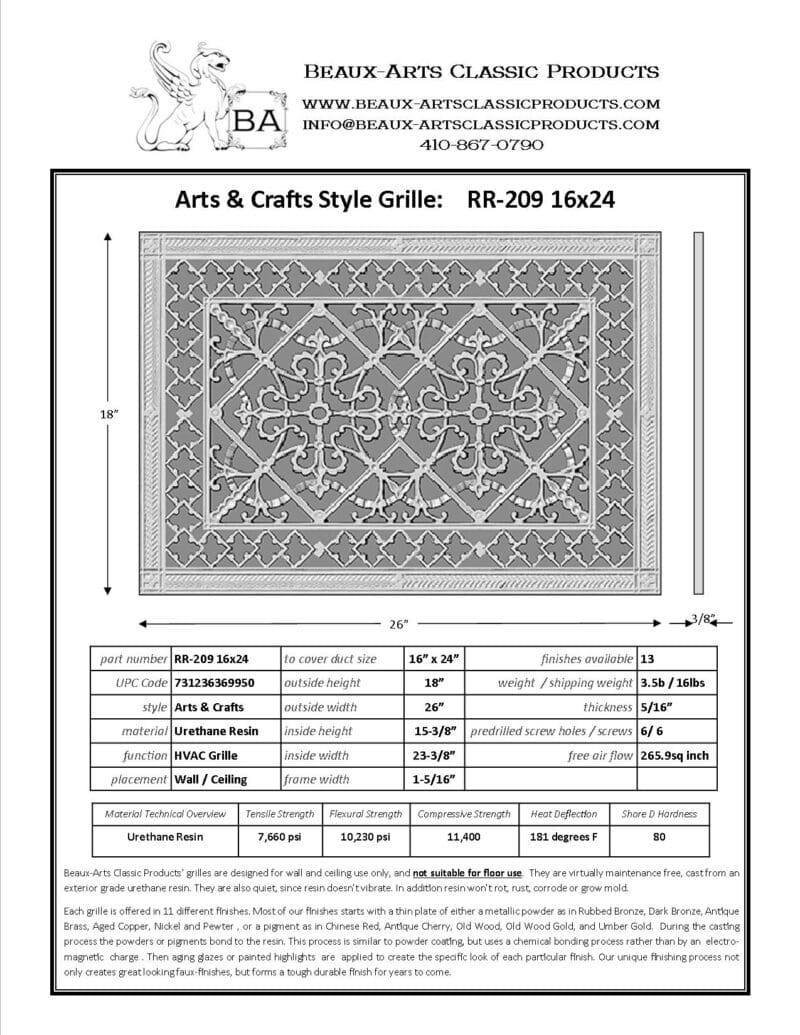 Craftsman style Arts and Crafts decorative grille 16" x 24" Product Spec Sheet.