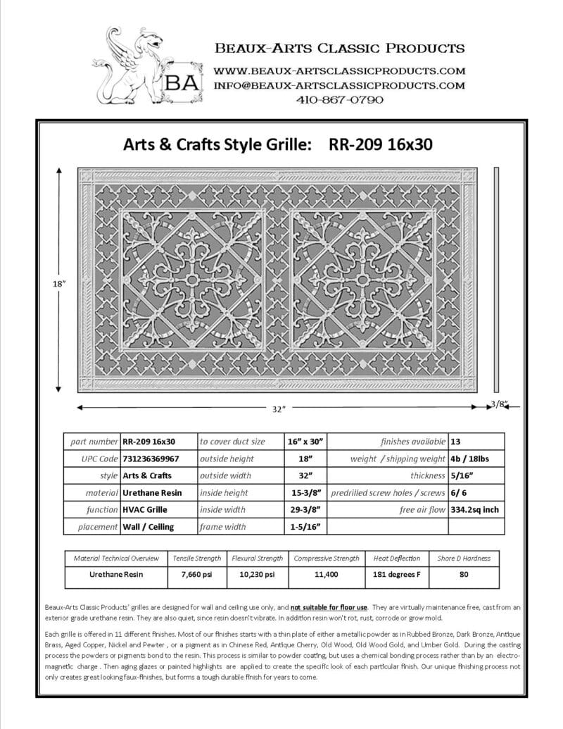 Craftsman Style Arts and Crafts decorative grille 16" x 30" Product Spec Sheet.