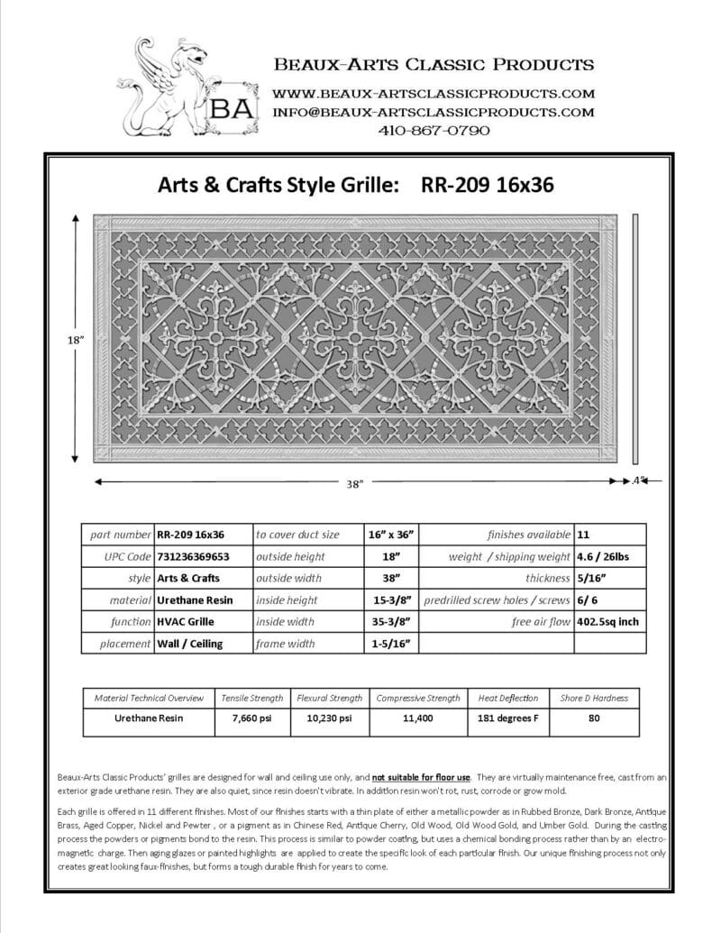 Craftsman style Arts and Crafts decorative grille 16" 36" Product Spec Sheet.