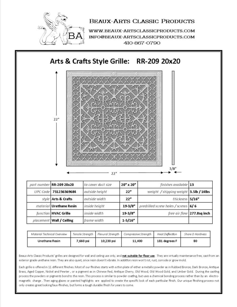 Craftsman style Arts and Crafts decorative grille 20" x 20" Product Spec Sheet.