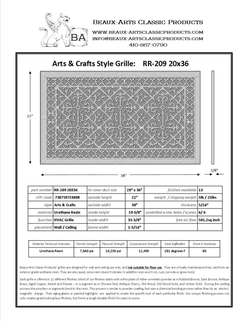Craftsman style Arts and Crafts decorative grille 20" x 36" Product Spec Sheet.