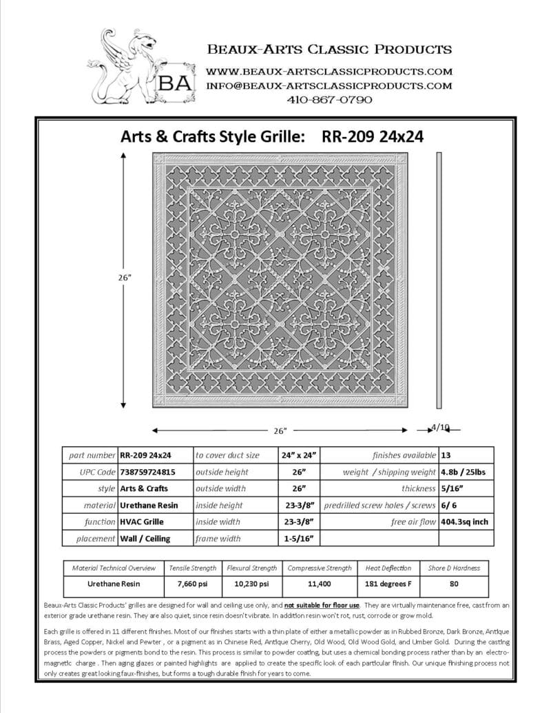 Craftsman style Arts and Crafts decorative grille 24" x 24" Product Spec Sheet.