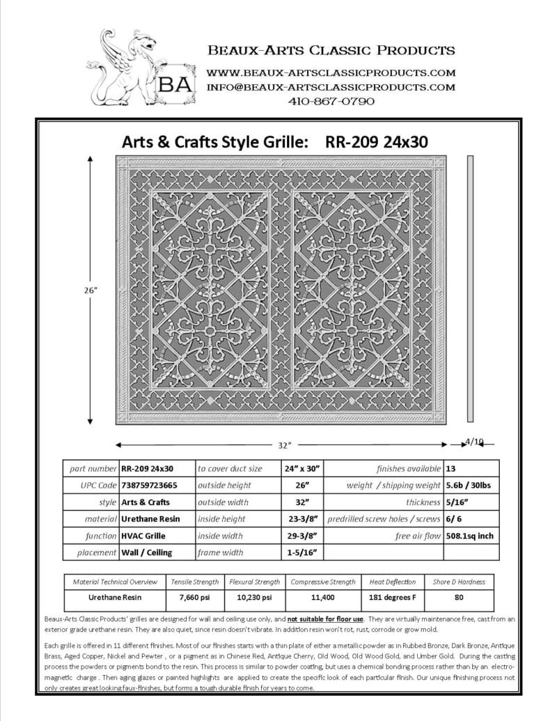 Craftsman Style Arts and Crafts decorative grille 24" x 30" Product Spec Sheet.