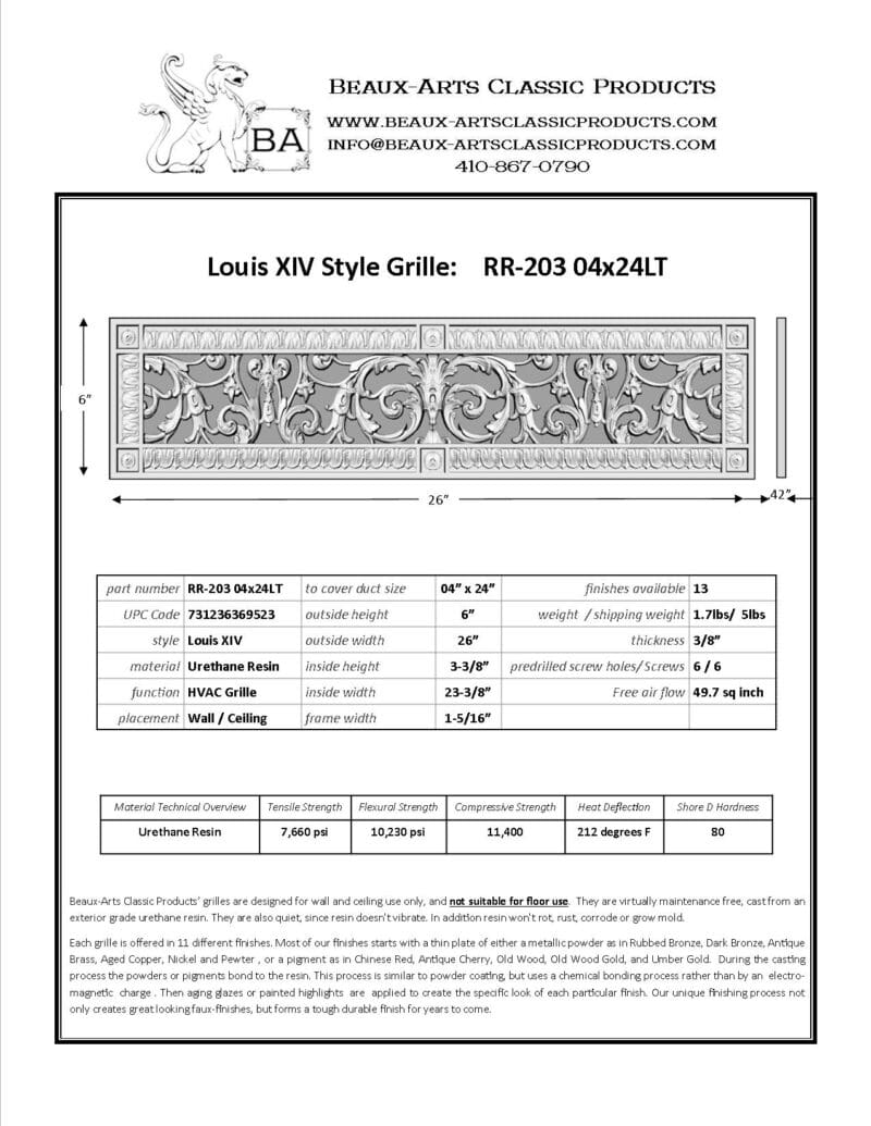 French style Louis XIV decorative grille 4" x 24" Product Spec Sheet.