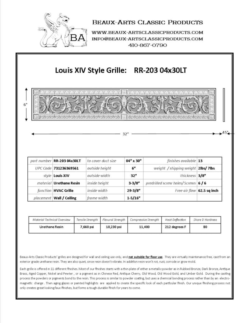 French style Louis XIV decorative grille 4" x 30" Product Spec Sheet.