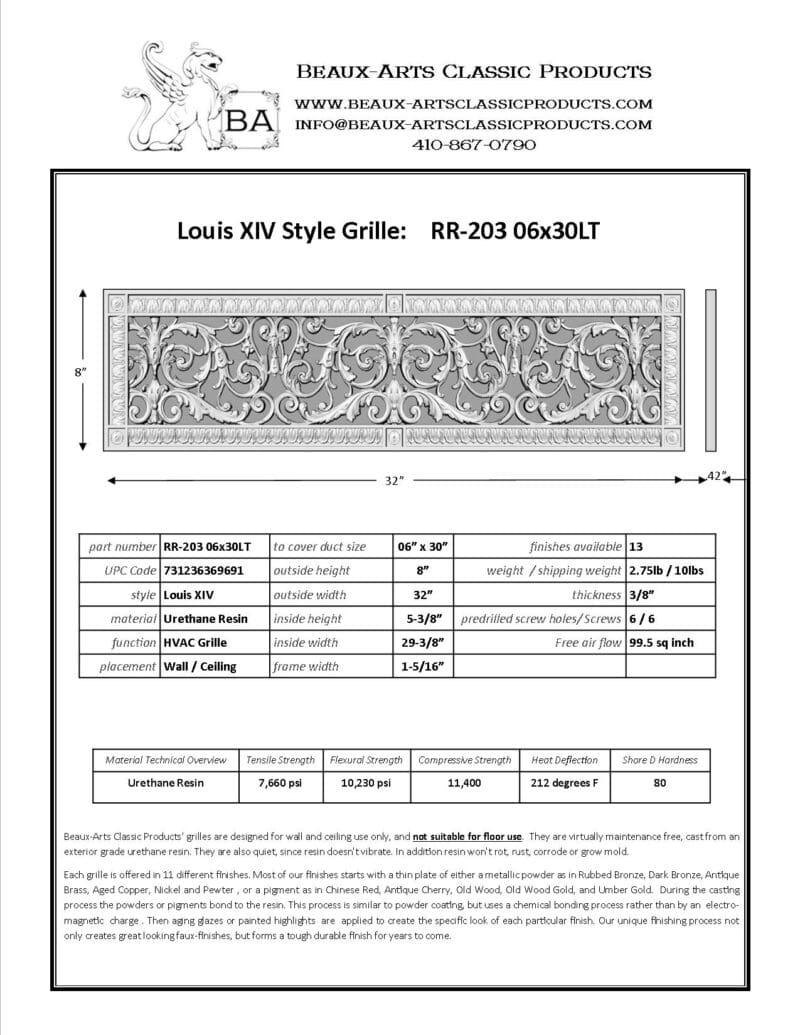 French style Louis XIV decorative grille 6" x 30" Product Spec Sheet.