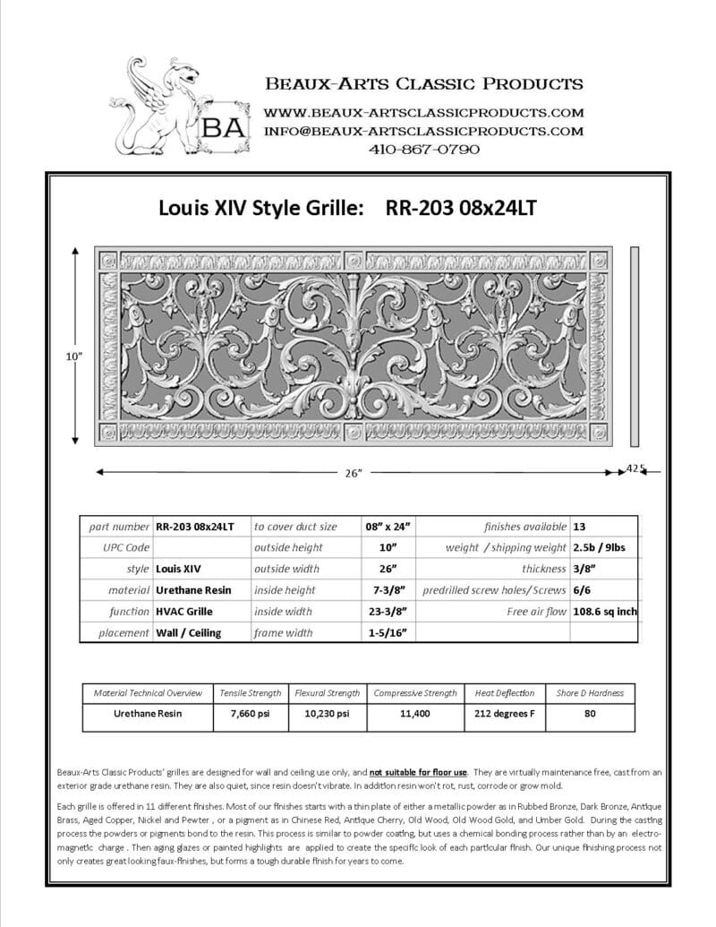 French style Louis XIV decorative grille 8" x 24" Product Spec Sheet.