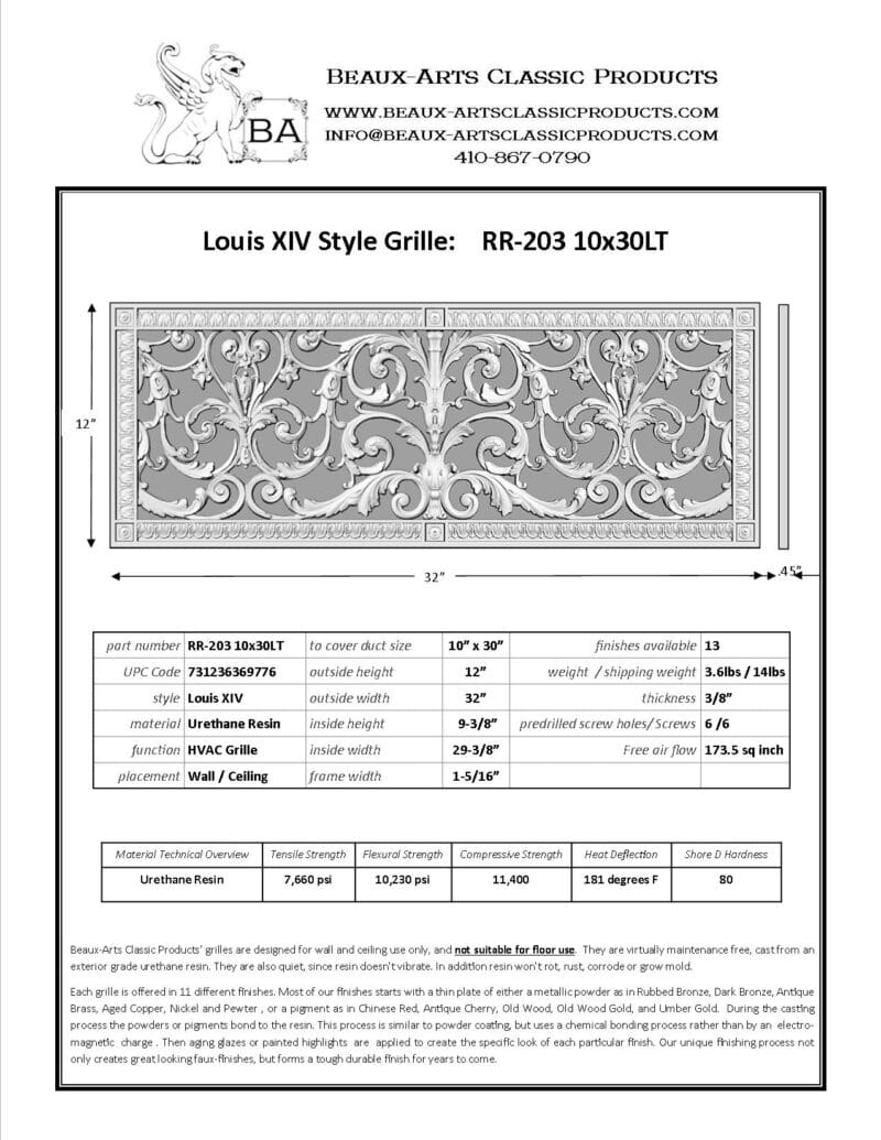 French style Louis XIV decorative grille 10" x 30" Product Spec Sheet.