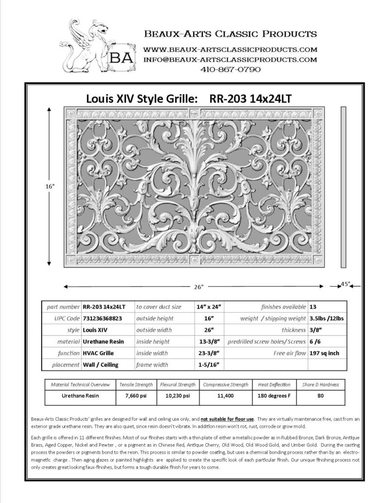 French style Louis XIV decorative grille 14" x 24" Product Spec Sheet