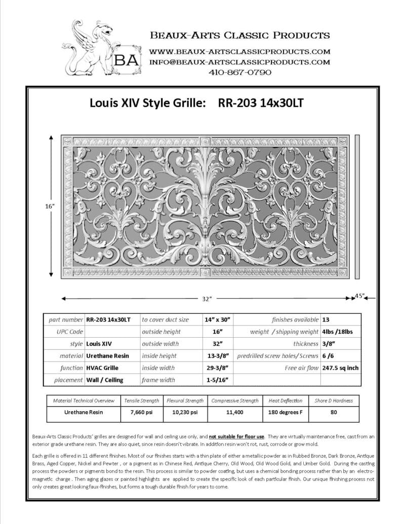 French style Louis XIV decorative grille 14" x 30" Product Spec Sheet.