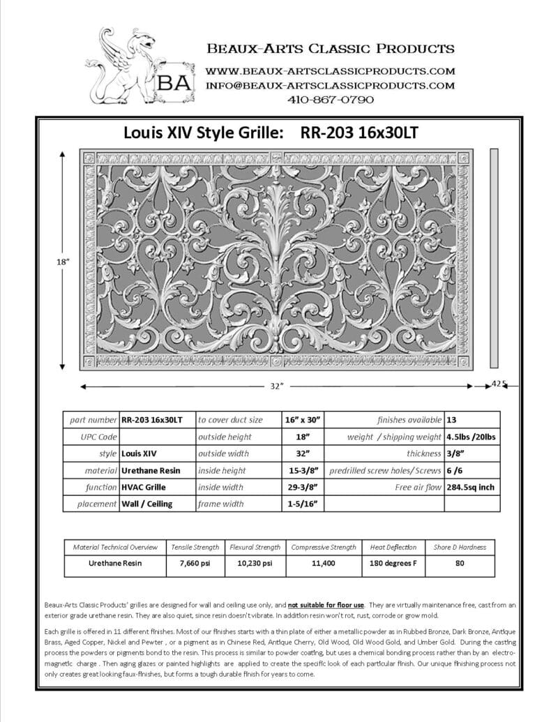 French style Louis XIV decorative grille 16" x30" Product Spec Sheet