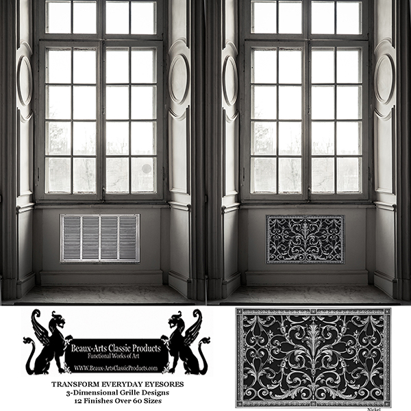 Before and after pictures of Louis XIV decorative HVAC grille.