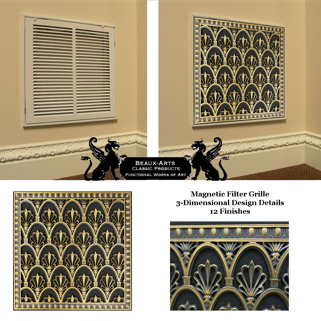 Return air filter grille before and after picture of our Empire Style Magnetic Filter grille in Antique Brass finish.