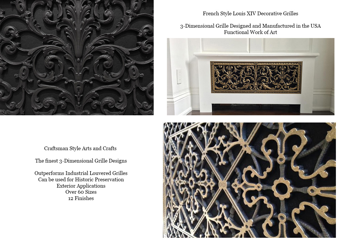 Closeup of our French style Louis XIV and Craftsman style Arts and Crafts grilles.