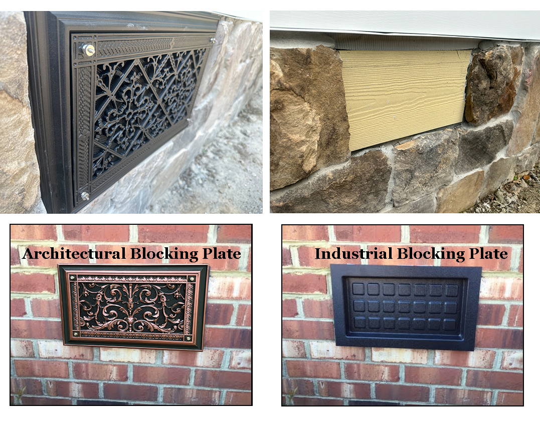 Foundation vent covers before and after picture of Craftsman Style and French style.